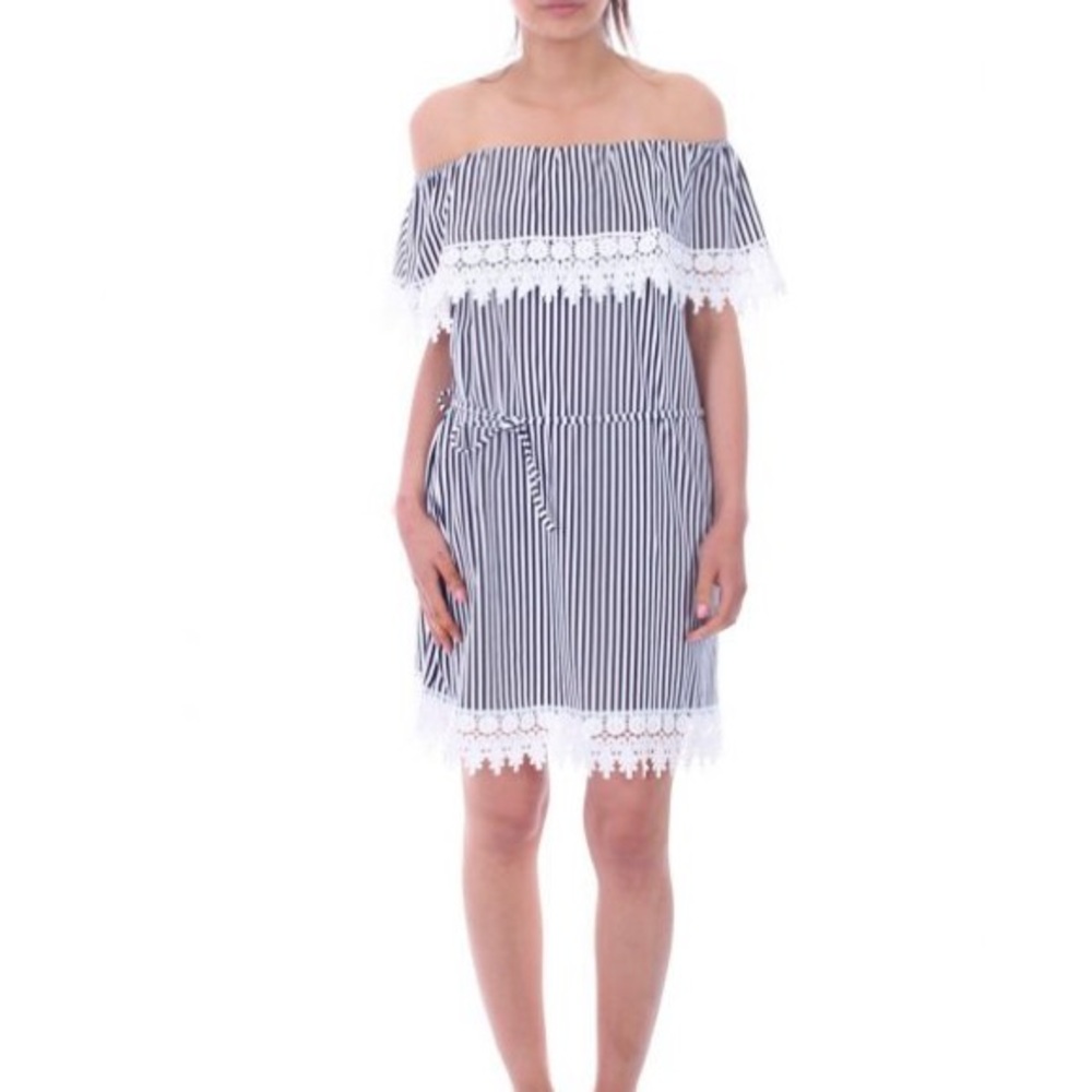 Off-Shoulder Navy Blue and White Stripe Lace Trim Coverup Dress